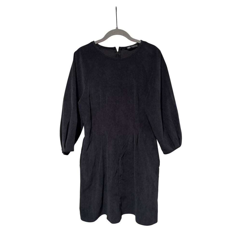 Zara Women’s Black Faux Suede Shift Dress Balloon Sleeve Back Zip Size Medium - Picture 2 of 10